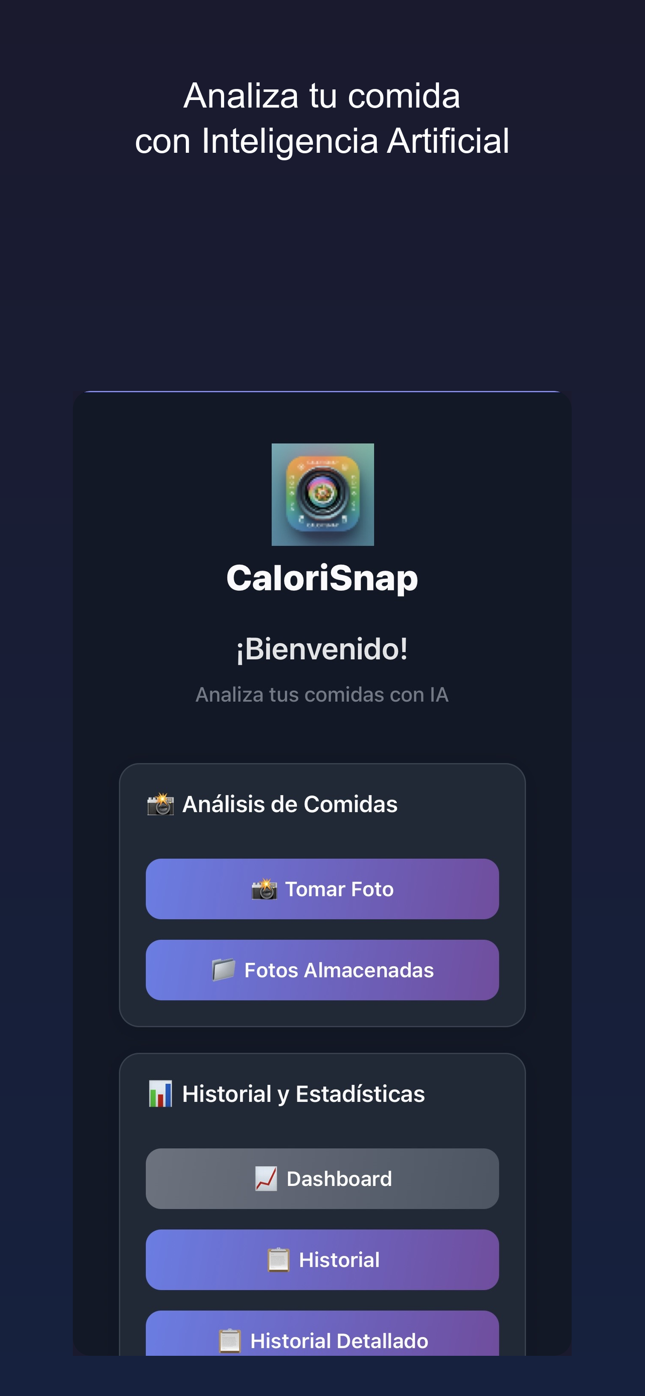 Pantalla de inicio de CaloriSnap